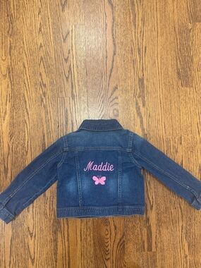 Girls' Dark Blue Denim Jacket with Pink Name & Butterfly Embroidery